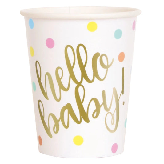 "Hello Baby" Gold Baby Shower 9oz Paper Cups, 8 In A Pack