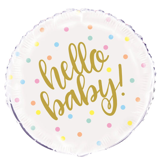 "Hello Baby" Gold Baby Shower Round Foil Balloon 18", Packaged