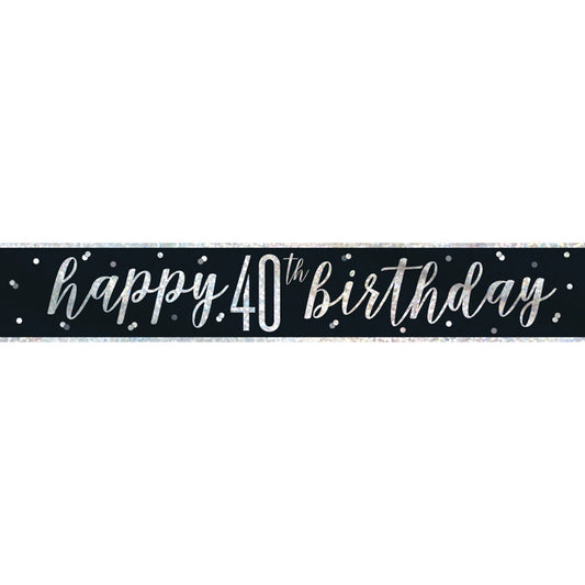 1 9ft Glitz Black & Silver Foil Banner "Happy 40th Birthday"