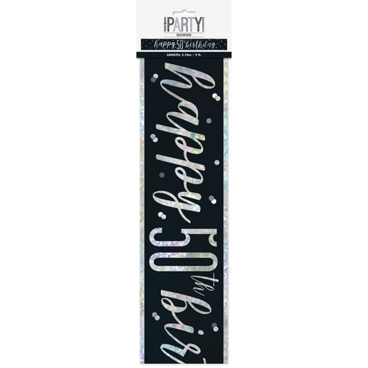 1 9ft Glitz Black & Silver Foil Banner "Happy 50th Birthday"