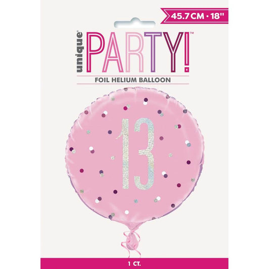 Birthday Pink Glitz Number 13 Round Foil Balloon 18", Packaged