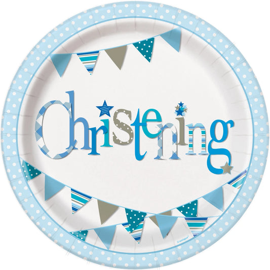 Blue Bunting Christening Round 9" Dinner Plates, 8 In A Pack