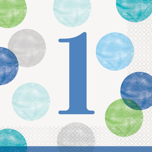 Blue Dots 1st Birthday Luncheon Napkins, 16 In A Pack