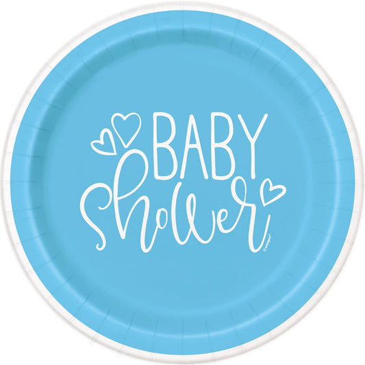 Blue Hearts Baby Shower Round 7" Dessert Plates, 8 In A Pack