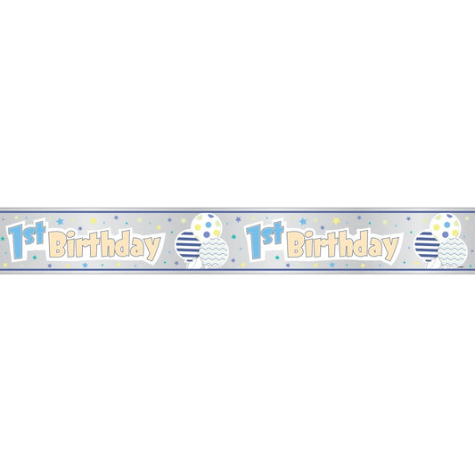 Foil Blue Pattern Boy 1st Birthday Banner, 12 ft, Long Fold