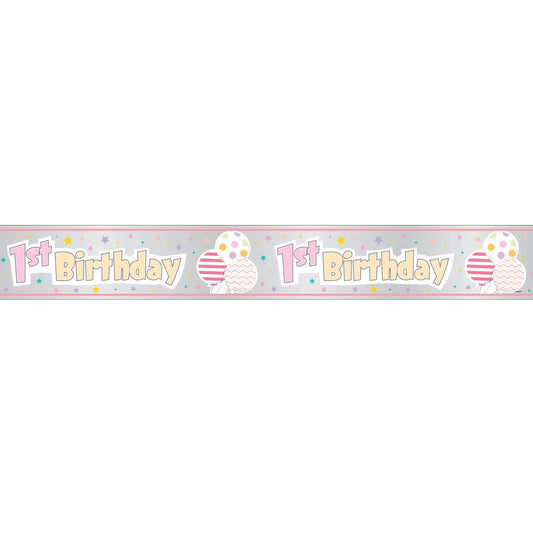 Foil Pink Pattern Girl 1st Birthday Banner, 12 ft, Long Fold