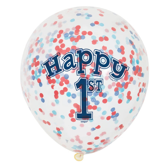 Little Sailor Nautical First Birthday Clear Latex Balloons with Confetti 12", 6 In A Pack
