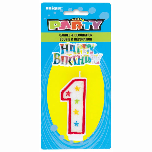 Number 1 Glitter Birthday Candle with Cake Decoration