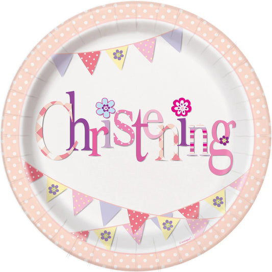 Pink Bunting Christening Round 9" Dinner Plates, 8 In A Pack