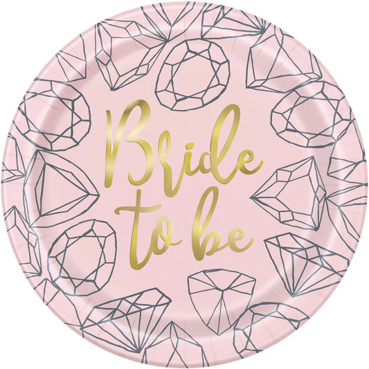 Pink Diamond Bachelorette Party Round 9" Dinner Plates, 8 In A Pack - Foil Board
