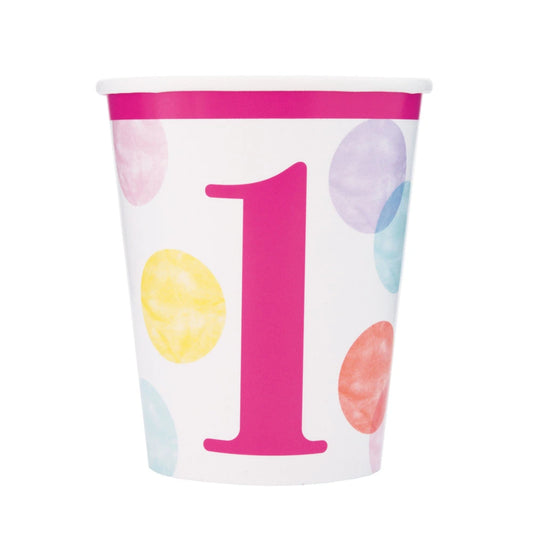 Pink Dots 1st Birthday 9oz Paper Cups, 8 In A Pack