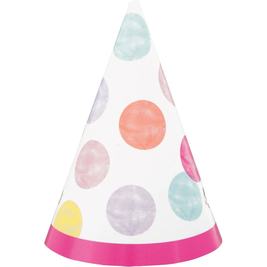Pink Dots 1st Birthday Mini Party Hats, 8 In A Pack