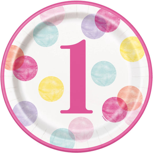 Pink Dots 1st Birthday Round 9" Dinner Plates, 8 In A Pack