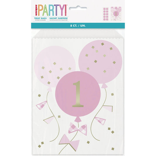 Pink Gingham 1st Birthday Paper Treat Bags, 8 In A Pack