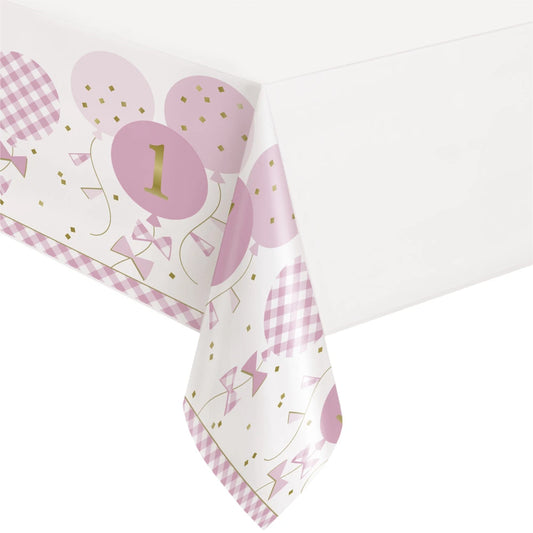 Pink Gingham 1st Birthday Re In A Packangular Plastic Table Cover, 54"x84"