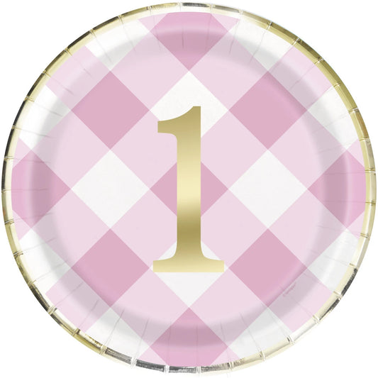 Pink Gingham 1st Birthday Round 9" Dinner Plates, 8 In A Pack - Foil Board