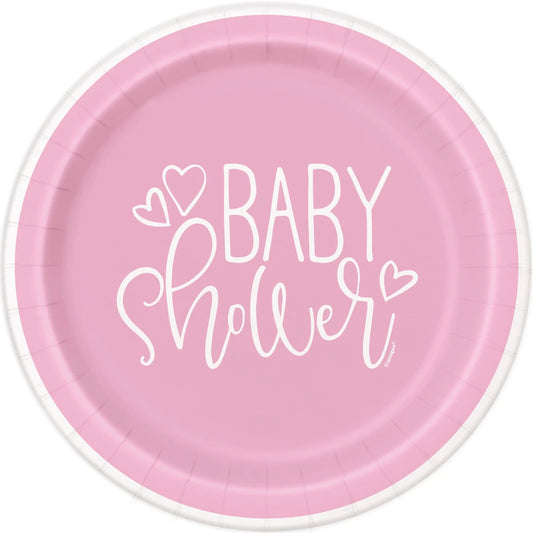 Pink Hearts Baby Shower Round 7" Dessert Plates, 8 In A Pack