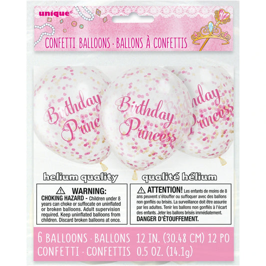 Pink Princess Clear Latex Balloons with Confetti 12", 6 In A Pack