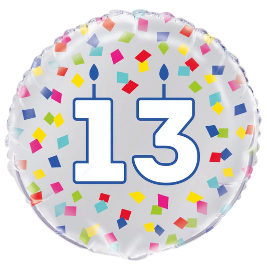 Rainbow Confetti Birthday Number 13 Round Foil Balloon 18", Packaged