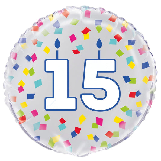 Rainbow Confetti Birthday Number 15 Round Foil Balloon 18", Packaged