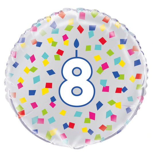 Rainbow Confetti Birthday Number 8 Round Foil Balloon 18", Packaged
