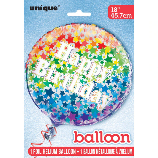 Rainbow Stars Happy Birthday Round Foil Balloon 18", Packaged