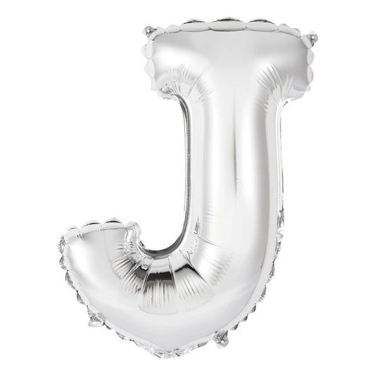 Silver Letter J Shaped Foil Balloon 14", Packaged