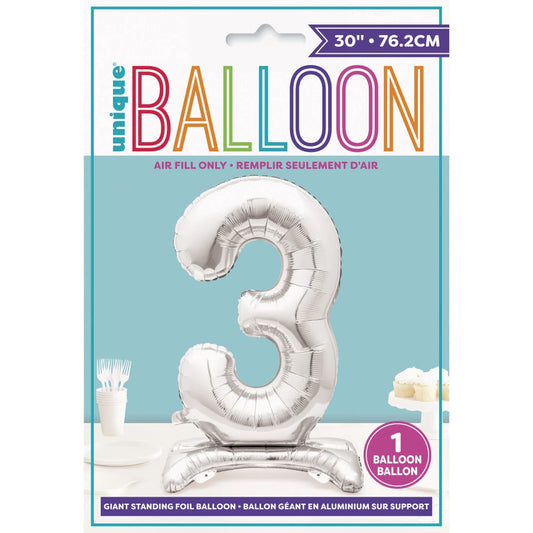 Silver Number 3 Shaped Standing Foil Balloon 30", Packaged