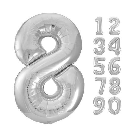 Silver Number 8 Shaped Foil Balloon 34", Packaged