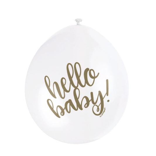 White "Hello Baby" 9" Latex Balloons, 10 In A Pack