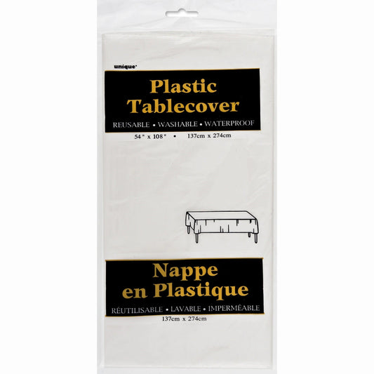 White Solid Re In A Packangular Plastic Table Cover, 54"x108"