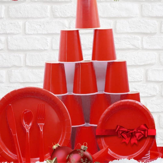 Ayush Party Red Colour Tableware Set for 10 guests Decorations for all your parties, Plastic free Tableware which includes Table Covers,9inch Paper Plates, 7inch paper plates Paper Cups, Napkins cutlery & Balloons