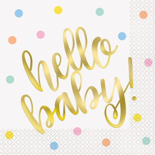 "Hello Baby" Gold Baby Shower Luncheon Napkins, 16 In A Pack - Foil Stamped