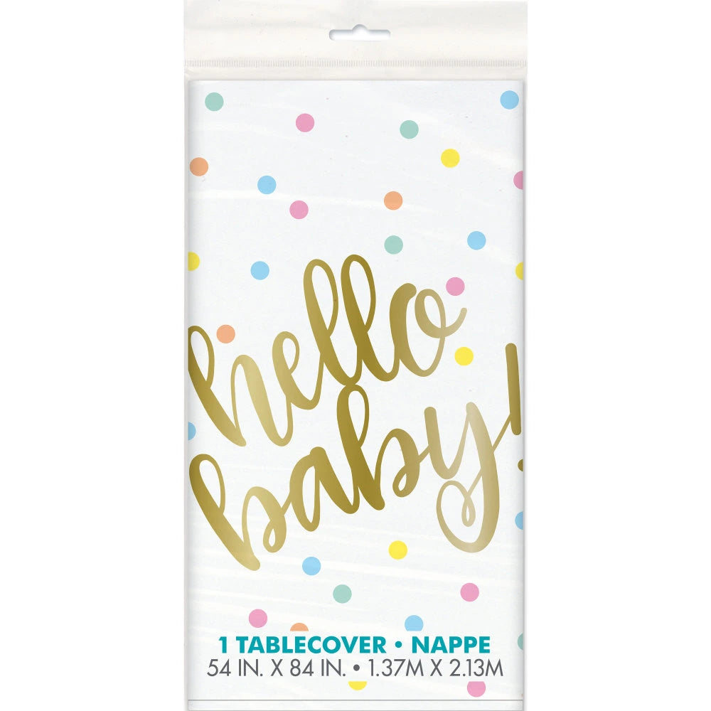 "Hello Baby" Gold Baby Shower Table Cover, 54"x84"