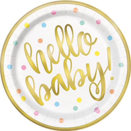 "Hello Baby" Gold Baby Shower Round 9" Dinner Plates, 8 In A Pack - Foil Board