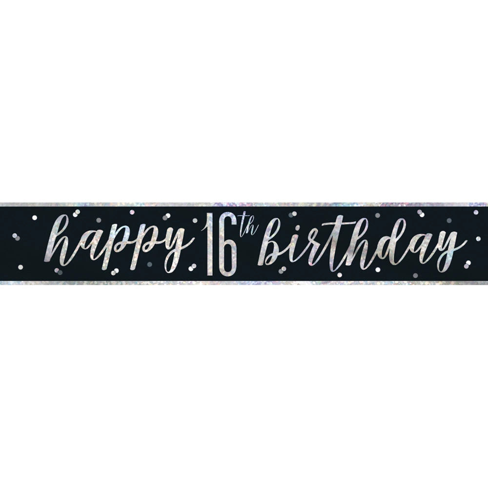 1 9ft Glitz Black & Silver Foil Banner "Happy 16th Birthday"