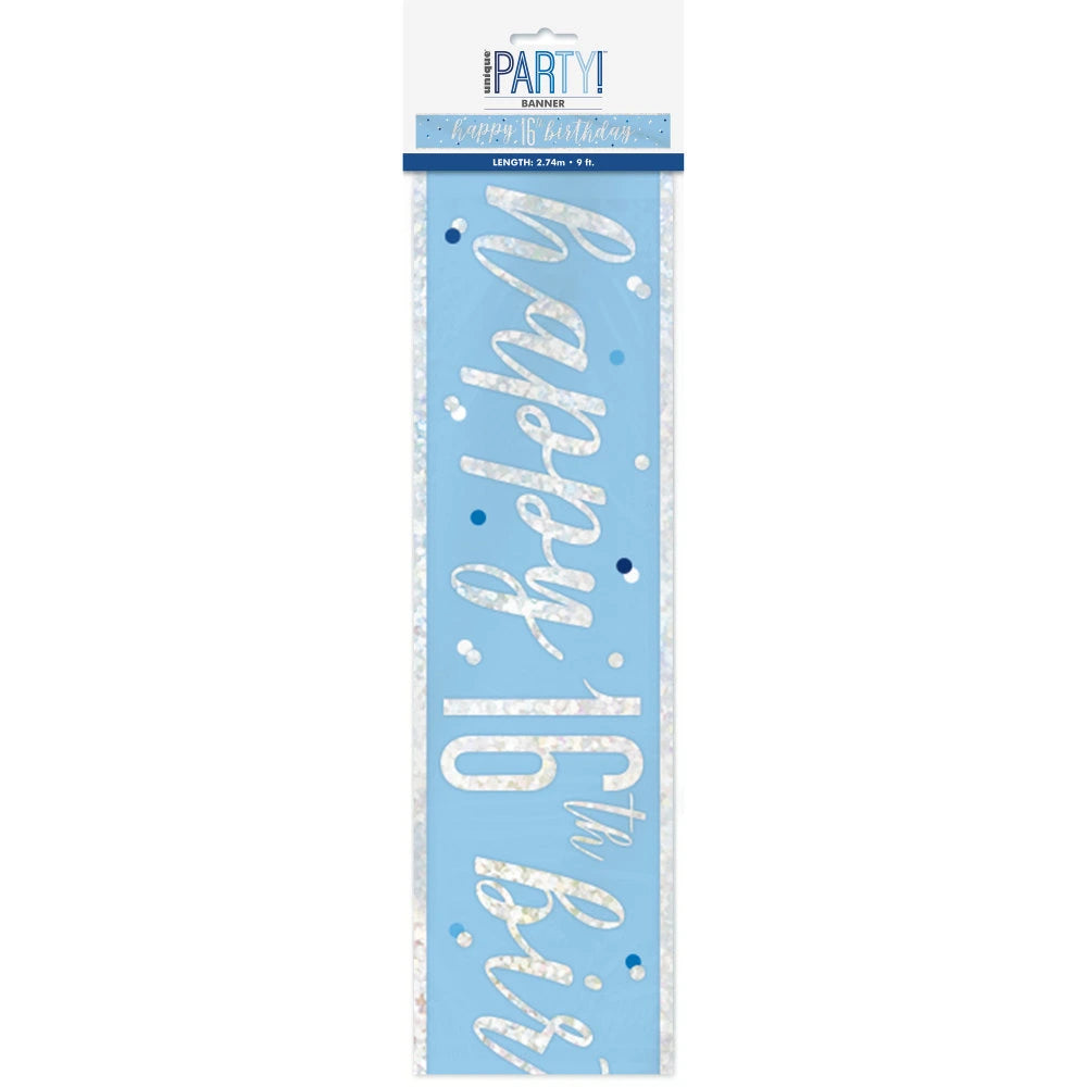 1 9ft Glitz Blue & Silver Foil Banner "Happy 16th Birthday"