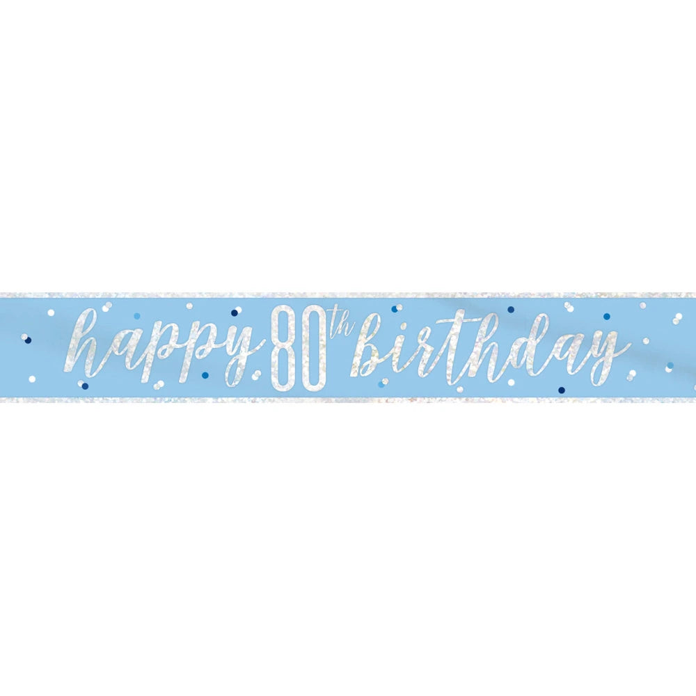 1 9ft Glitz Blue & Silver Foil Banner "Happy 80th Birthday"