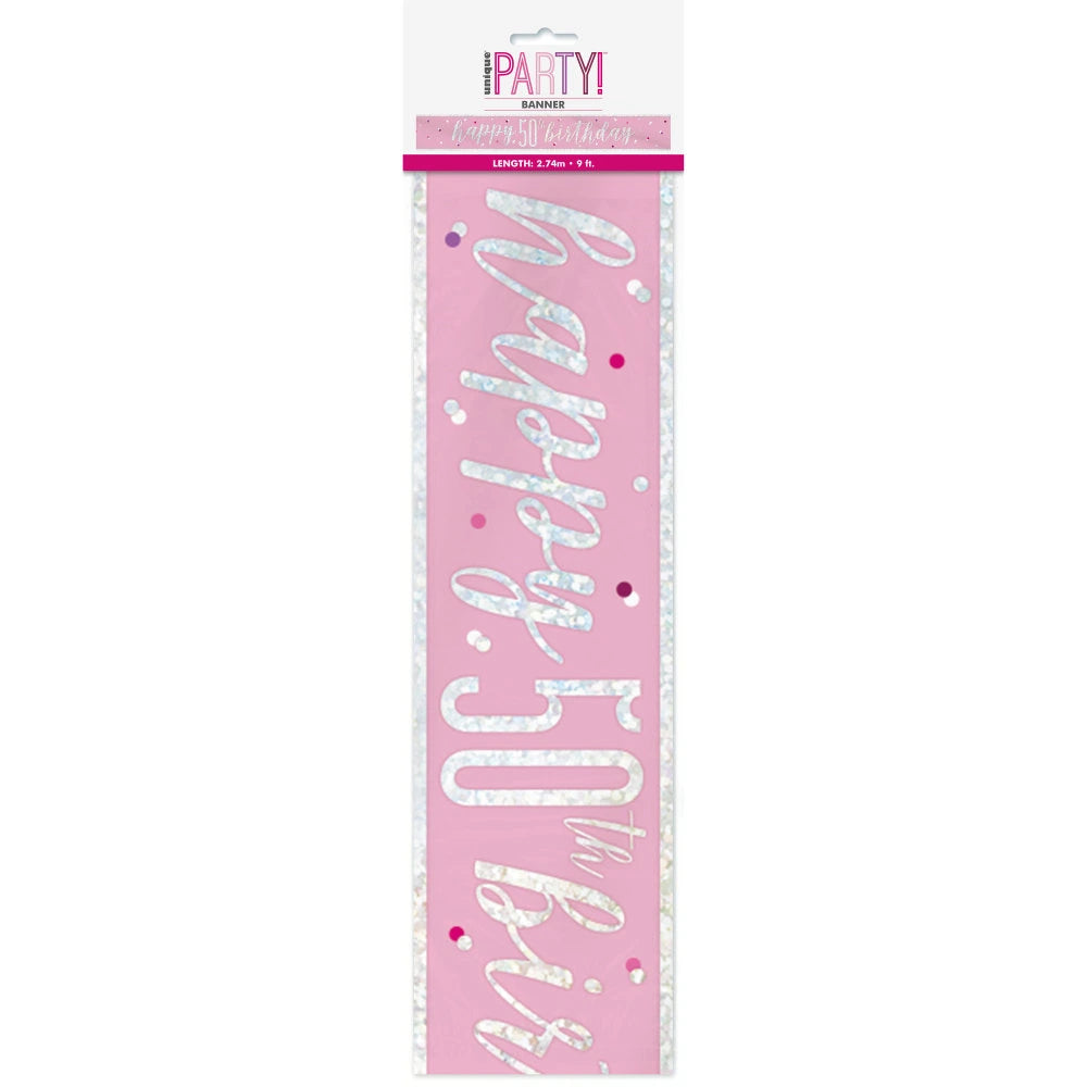 1 9ft Glitz Pink & Silver Foil Banner "Happy 50th Birthday"