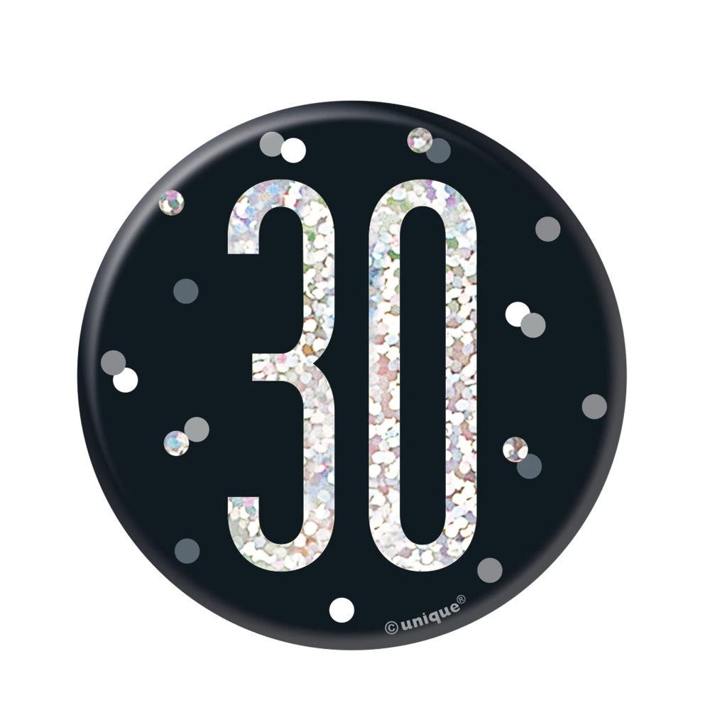 1 Glitz Black & Silver Birthday Badge 30