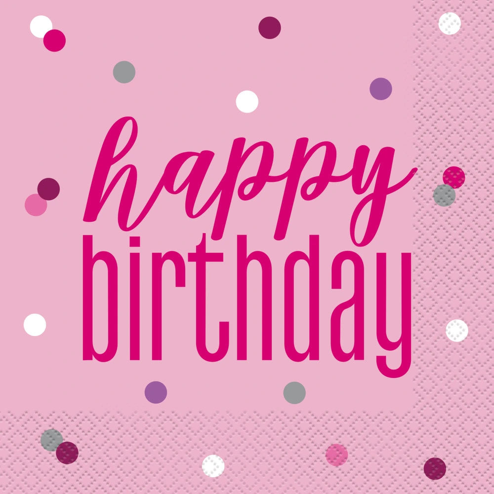 16 Glitz Pink & Silver "Happy Birthday" Luncheon Napkins