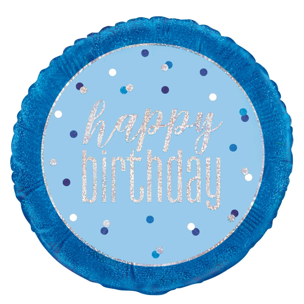 18" Glitz Blue & Silver Round Foil Balloon Packaged "Happy Birthday"