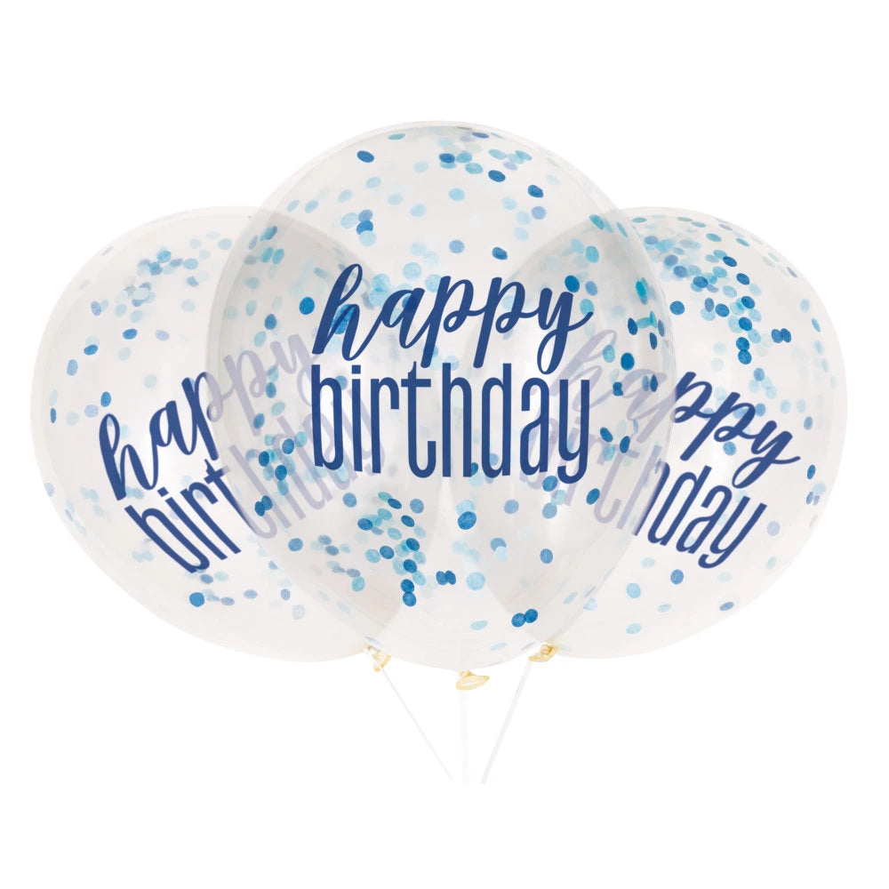 6 12" Clear Printed Glitz "Happy Birthday" Balloons with Confetti, Blue & Silver