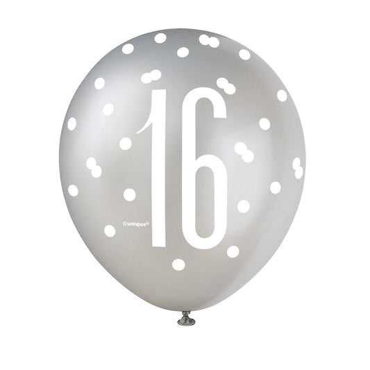 6 12" Glitz Black, Silver, & White Latex Balloons 16