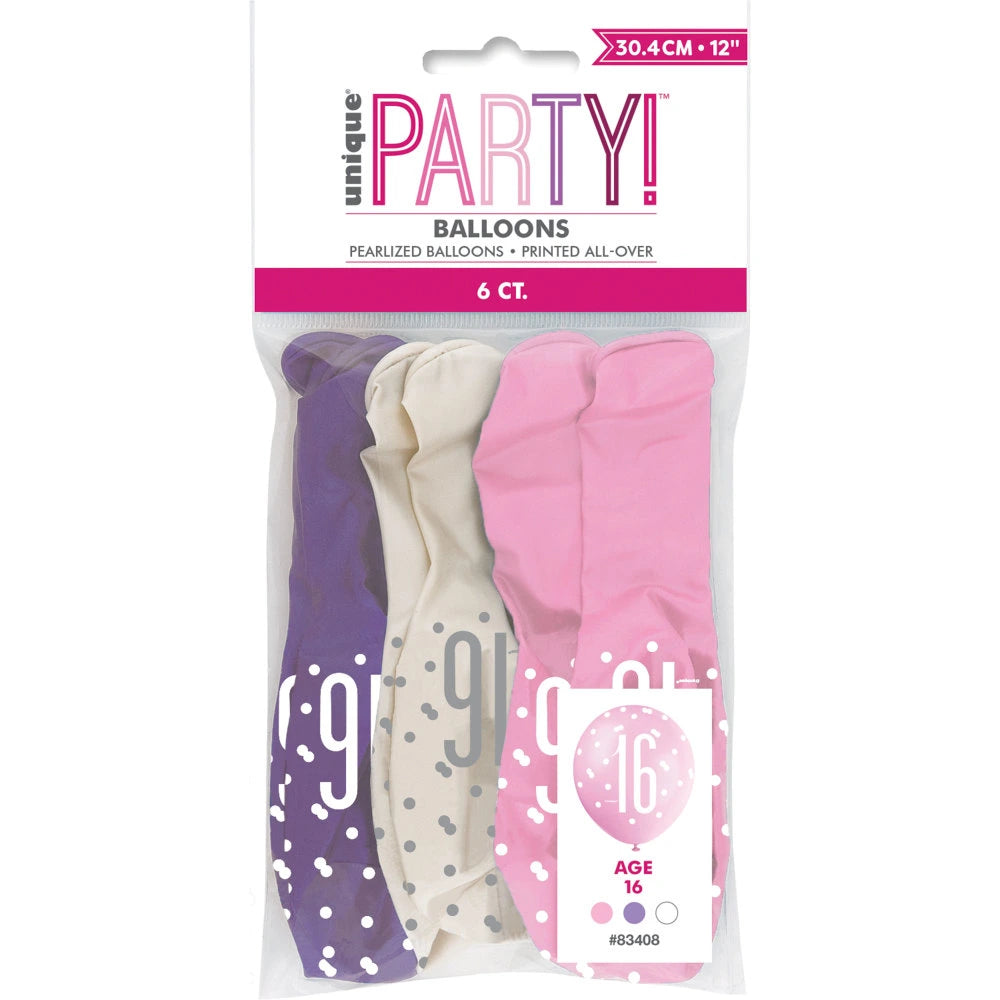 6 12" Glitz Petal Pink, Spring Lavender, & White Latex Balloons 16