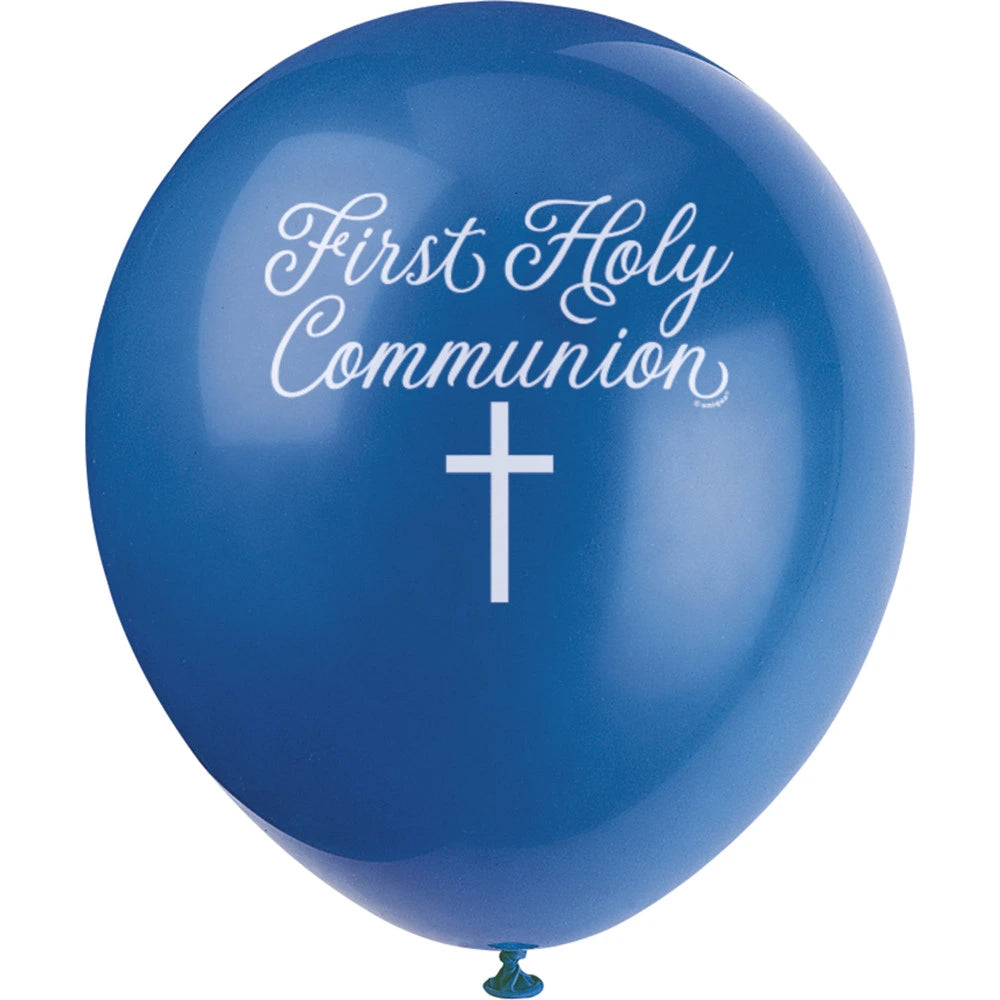 8 12" Fancy Blue Cross First Holy Communion Latex Balloons - Printed 1 Side