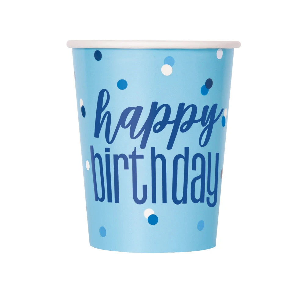 8 Blue & Silver "Happy Birthday" Cups, 9oz