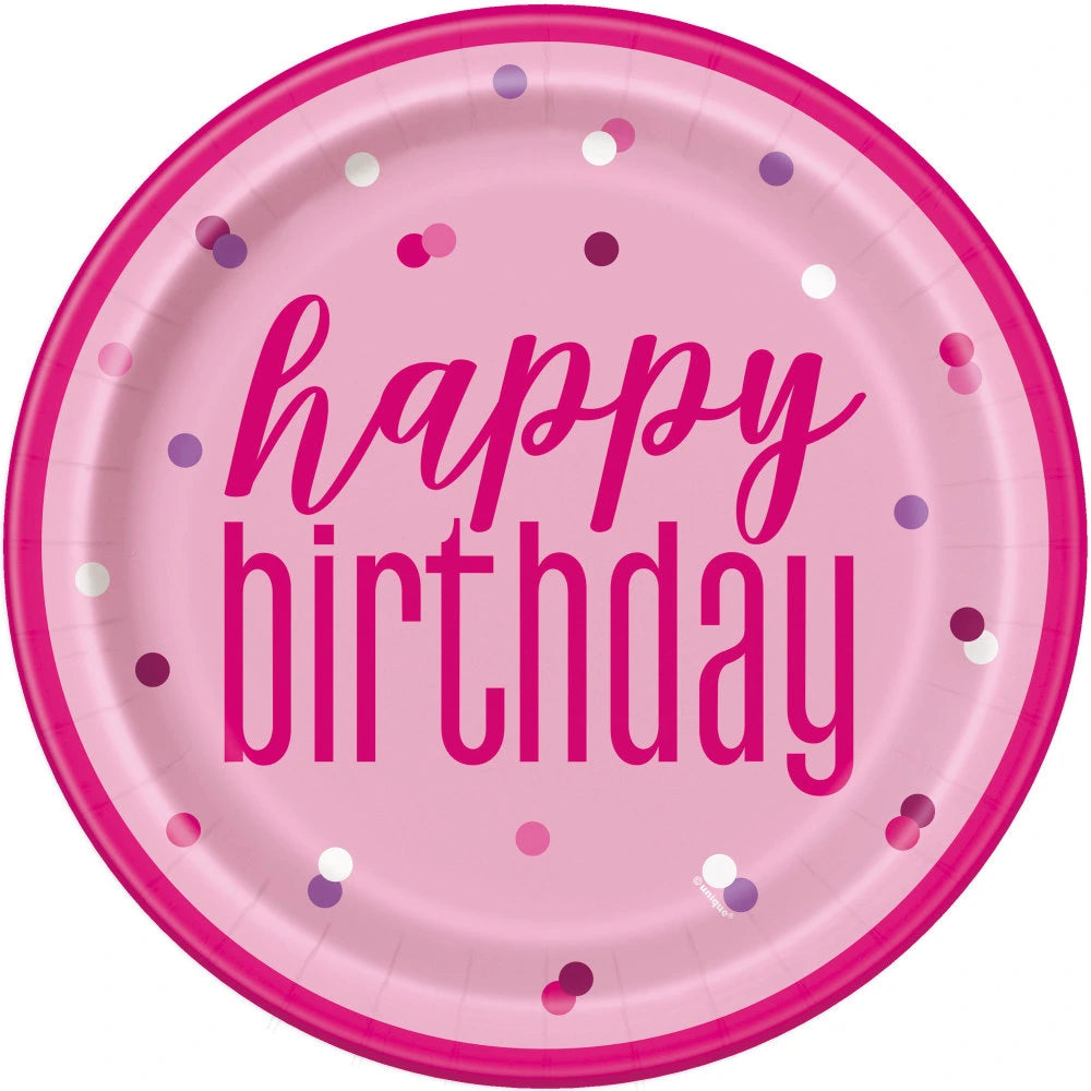8 Glitz Pink & Silver "Happy Birthday" 9" Plates