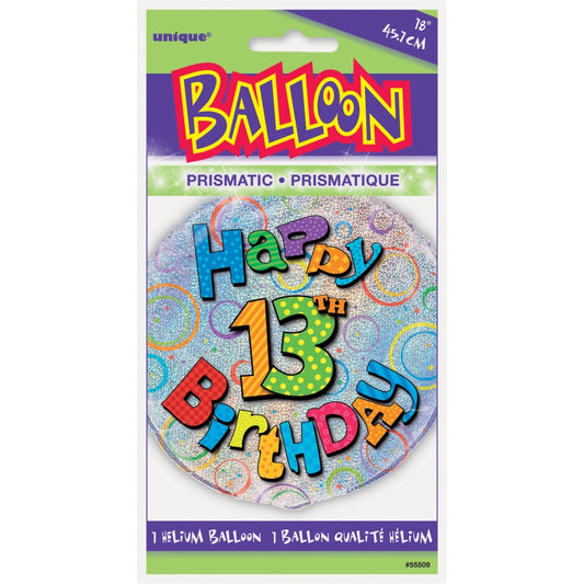 Age 13 Birthday Prism Round Foil Balloon 18", Packaged