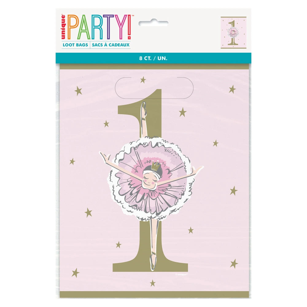 Ballerina Pink & Gold 1st Birthday Loot Bags, 8 In A Pack